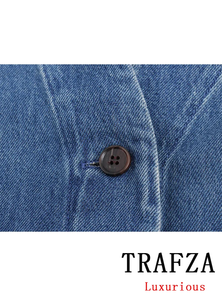 TRAFZA Casual Chic Denim Women Jackets Solid V-Neck Long Sleeve Oversized Loose Coat New Fashion 2024 Autumn Streetwear Jacket