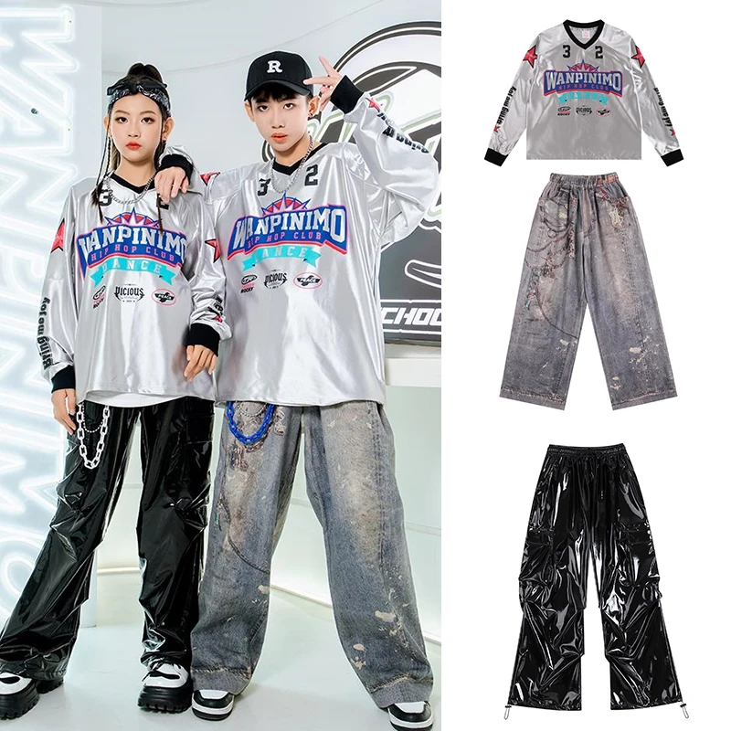 

Kids Jazz Dance Clothes Silvery Tops Pants Kpop Practice Clothing Boy's Hip Hop Performance Wear Girls Stage Outfits Suit XH1423