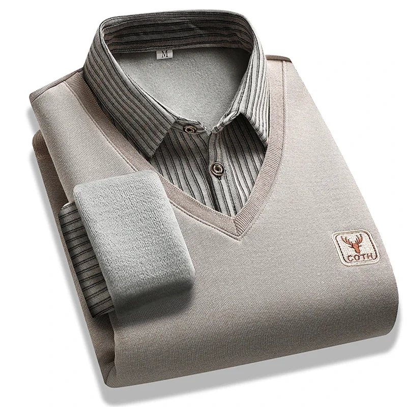Thermal Faux Layered Long Sleeve Shirt for Men Vertical Stripe Collar Patch Embroidery Cold Weather Daily Commuting Outfit