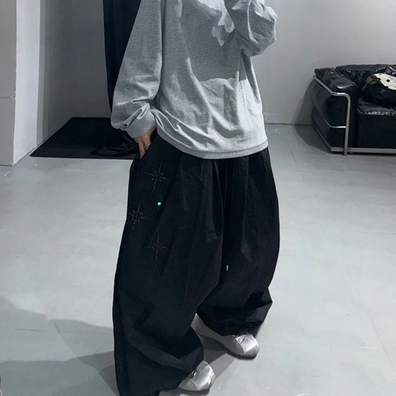 MEXZT Y2K Black Sweatpants Women Streetwear Rivet Diamond Baggy Joggers Harajuku Hip Hop Wide Leg Pants Summer Fashion Trousers