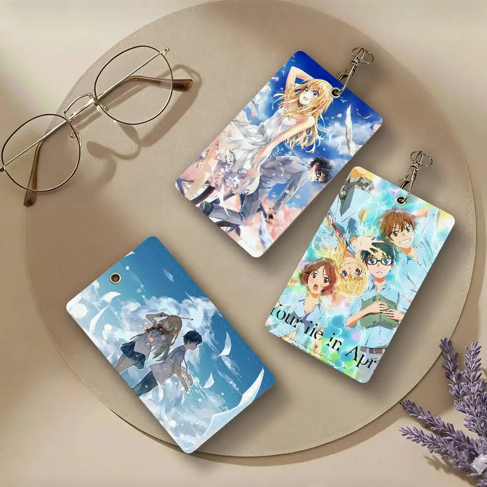 Anime Your Lie In April Friend PU Leather Card Holders Anti-lost Student ID Protective Cover Cases Campus Access Cards Key Chain