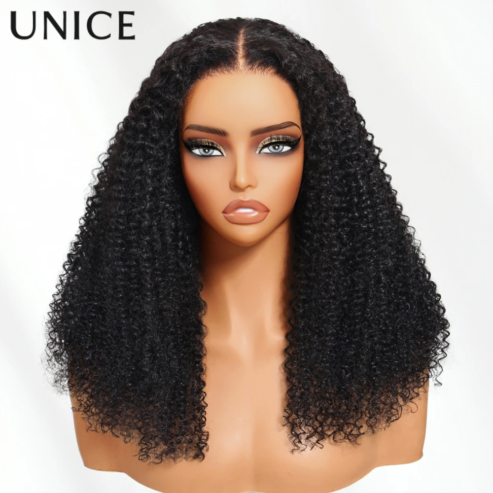 UNICE 7x5 Lace Glueless Drawstring Kinky Curly Wig With 4C Edges 150% Density & Finger Coil Ends Human Hair Wig 180% Density