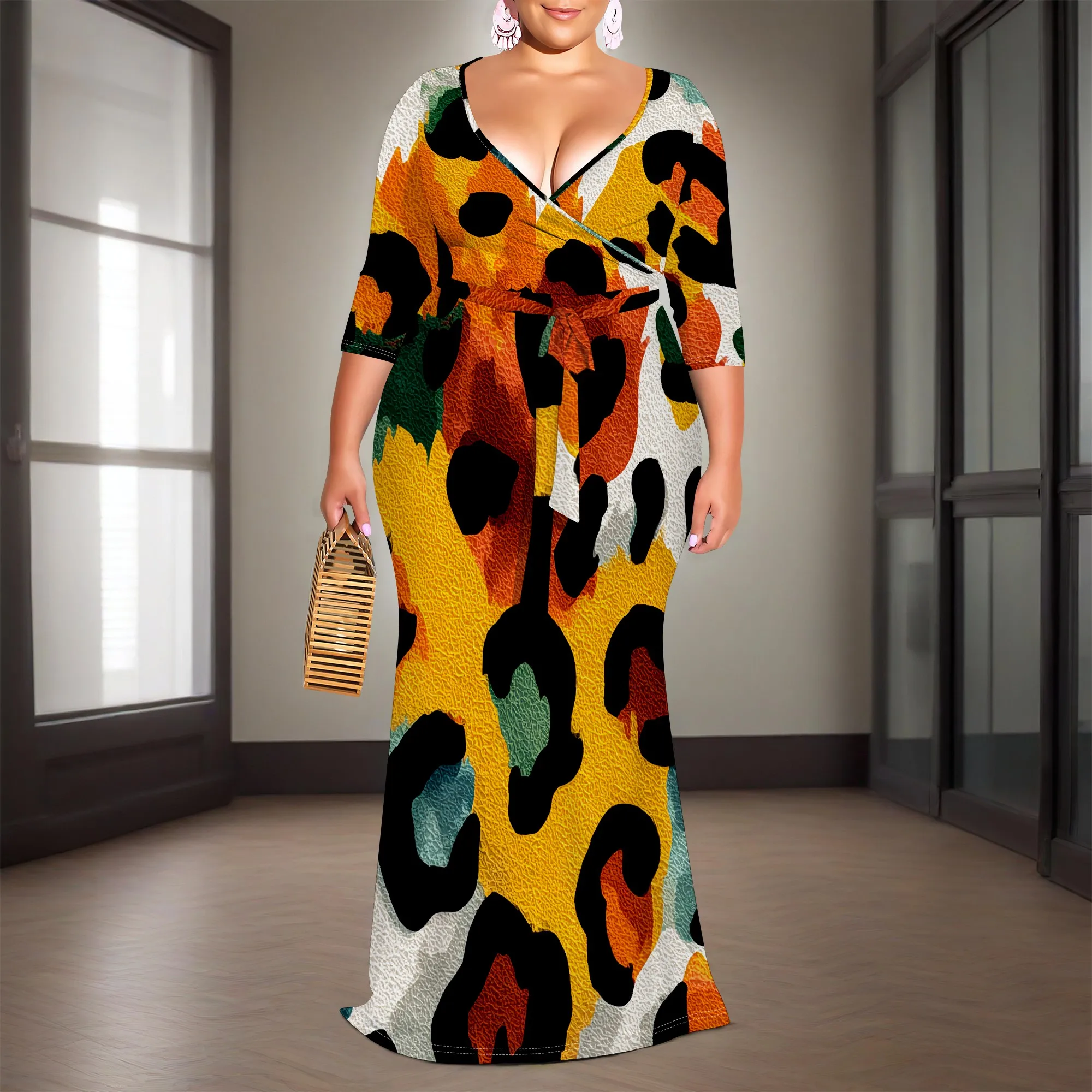 

Multicolor Leopard Print Wrap Dress XL-6XL V-Neck Belted Maxi Style with 3/4 Sleeve for Afro Party, Art Show or Bold Street Look