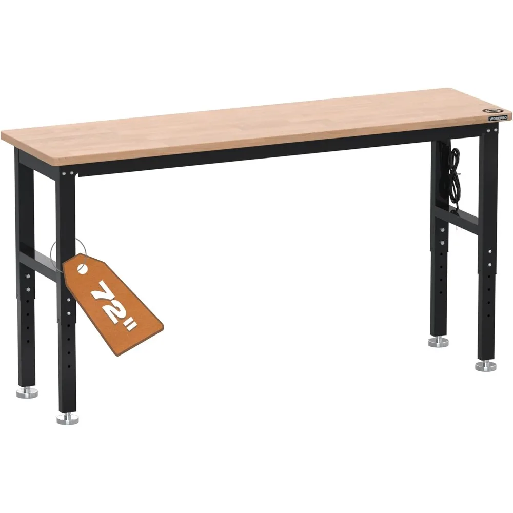 

72" Adjustable Workbench,Hardwood Garage Workbench with Power Outlets,Rubberwood Top Heavy-Duty Workstation for Workshop,Garage