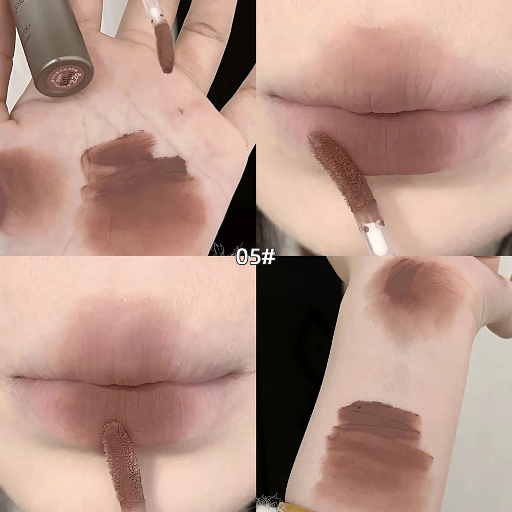 6 colori velluto Lip Mud piccolo tubo d'argento marrone scuro opaco smalto per labbra impermeabile Super bianco liquido rossetto labbra tinta cosmetici