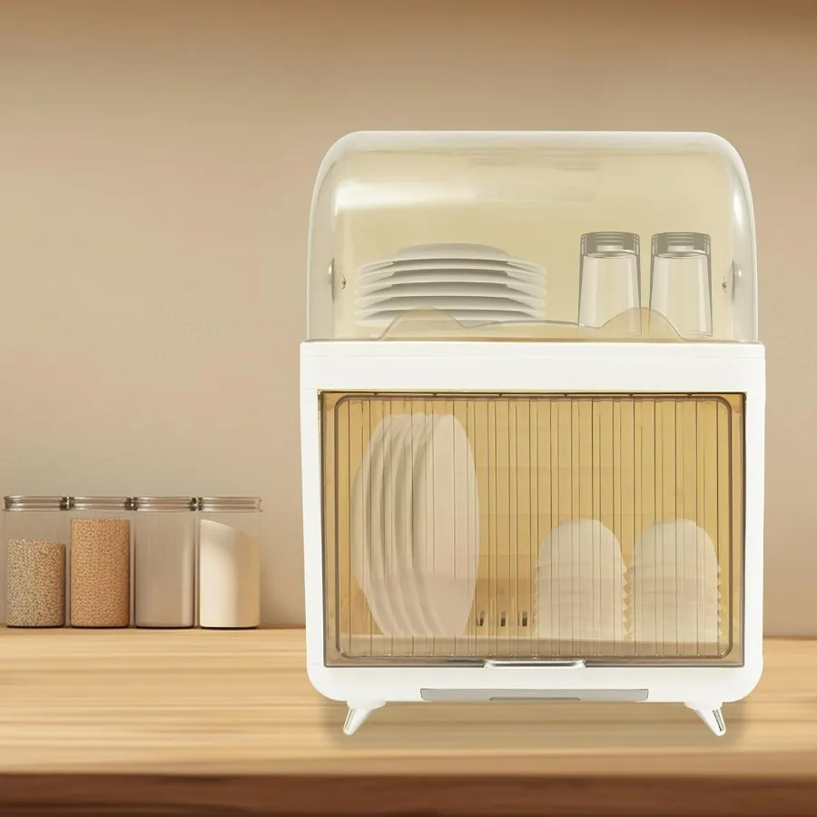 رف تجفيف الأطباق بطبقتين مع غطاء، صندوق تجفيف أطباق المطبخ مقاس 14.5 × 10 × 19.7 بوصة، منظم أطباق بلاستيكي من البولي بروبيلين مع تجفيف أدوات المائدة