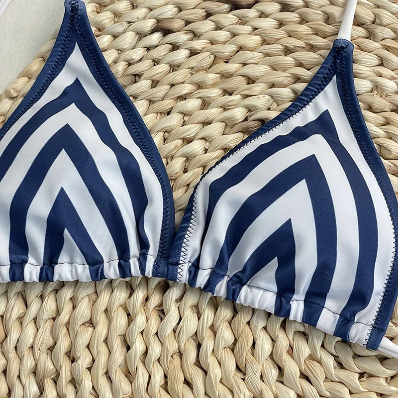 OIINAA Striped Swimsuit Women Neck-mounted Lace Up Split Swimsuit Korean Sexy Thongs Summer 2025 New Chic Cover-Ups Wrap Skirt