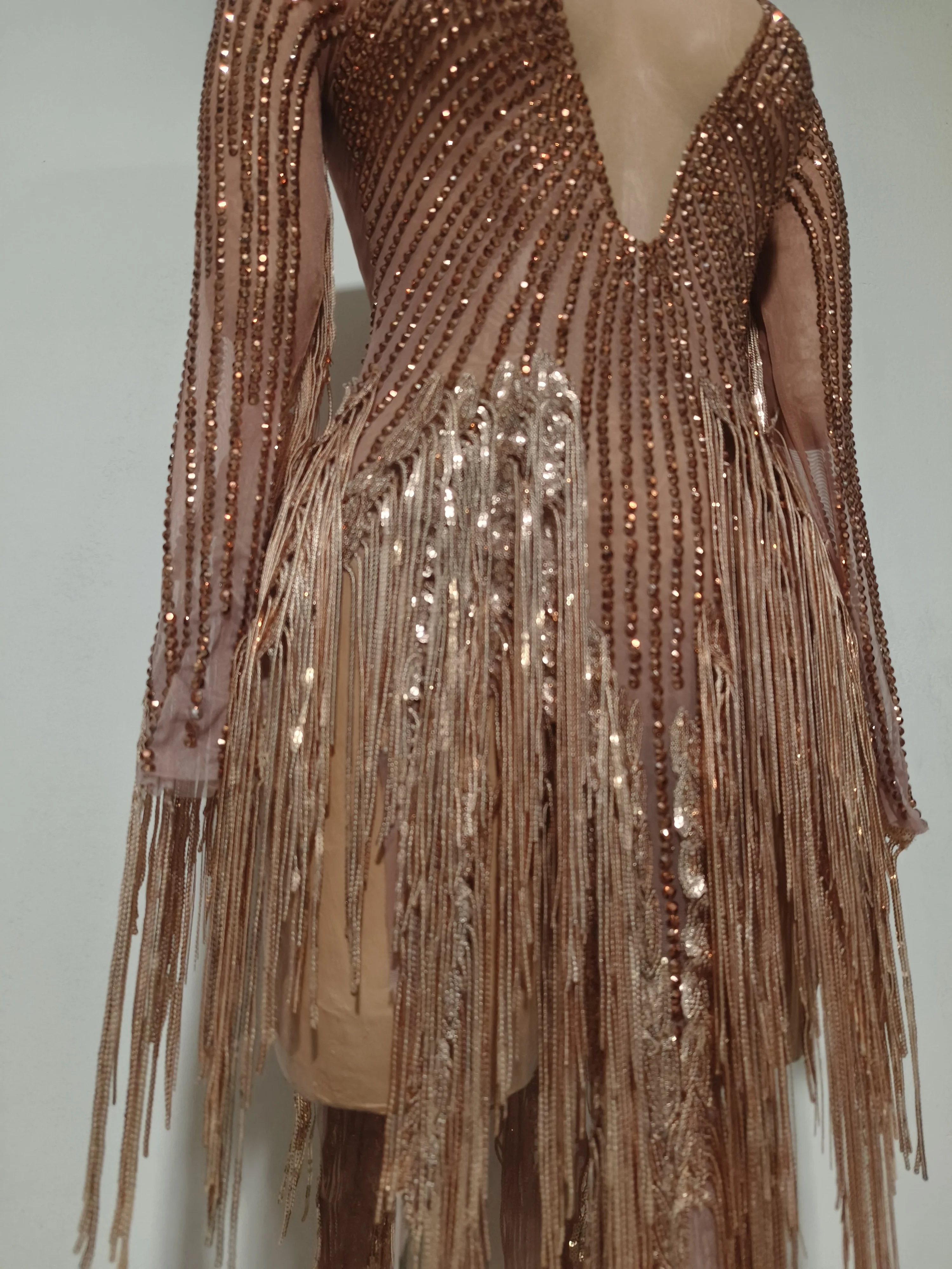 سباركلي حجر الراين الترتر شرابة مثير شبكة طويلة الأكمام فستان شفاف المرأة مساء حفلة عيد ميلاد ملهى ليلي المغني المرحلة الزي #4