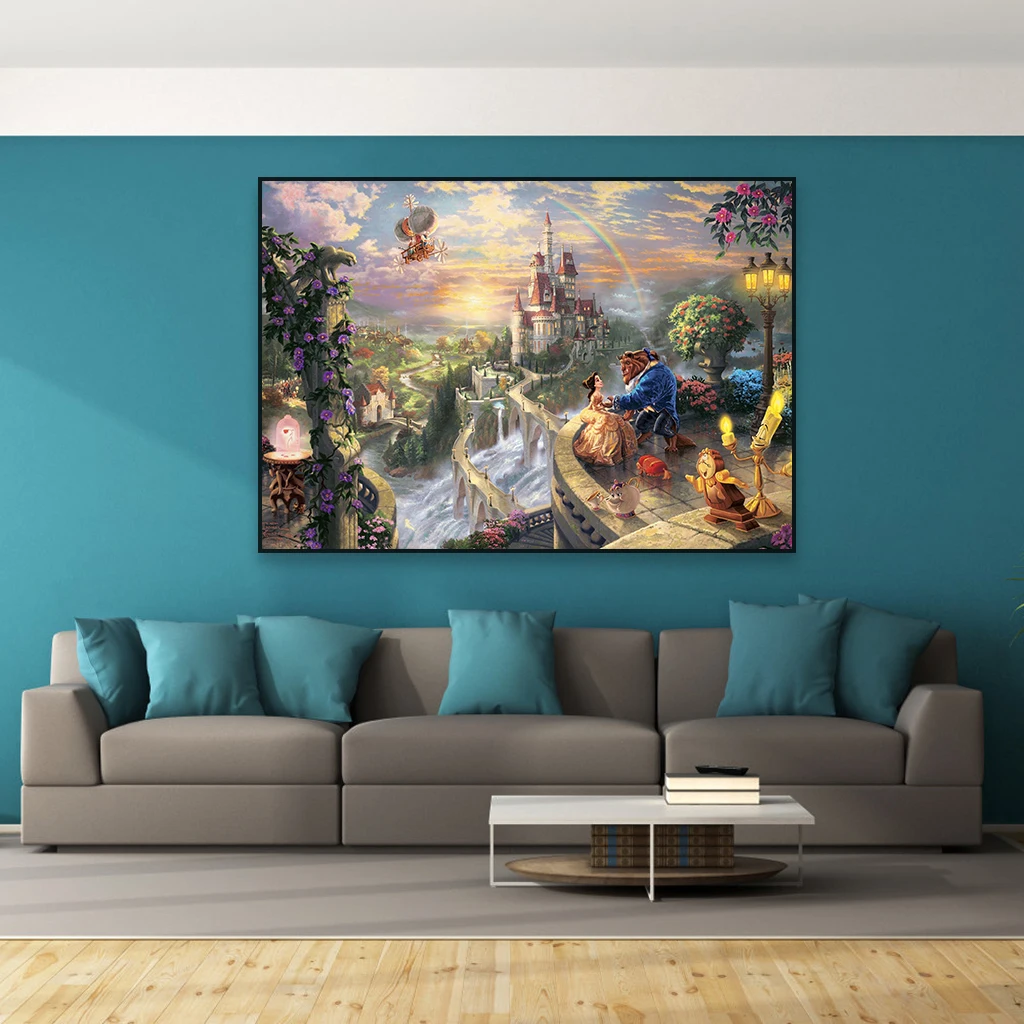 

Beauty And The Beast Disney Poster Castle Fairyland Cartoon Oil Painting Prints Kids Bedroom Canvas Painting Decoration