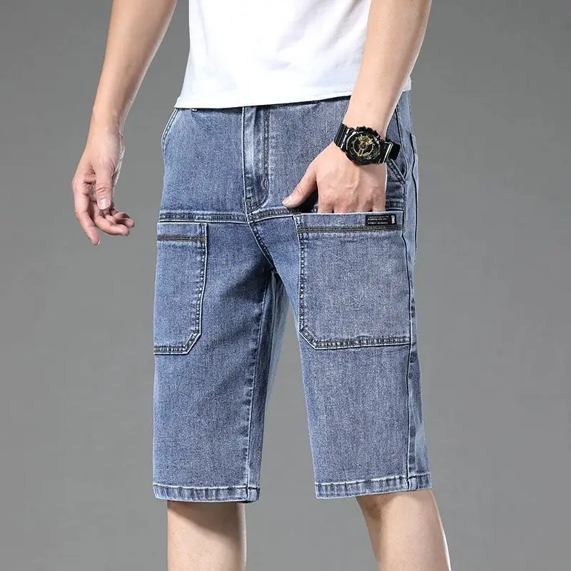 Elastic Six-pocket Denim Men's Shorts Summer Loose Breathable Wear-resistant Cropped Pants Trendy Multi-pocket Tooling Pants