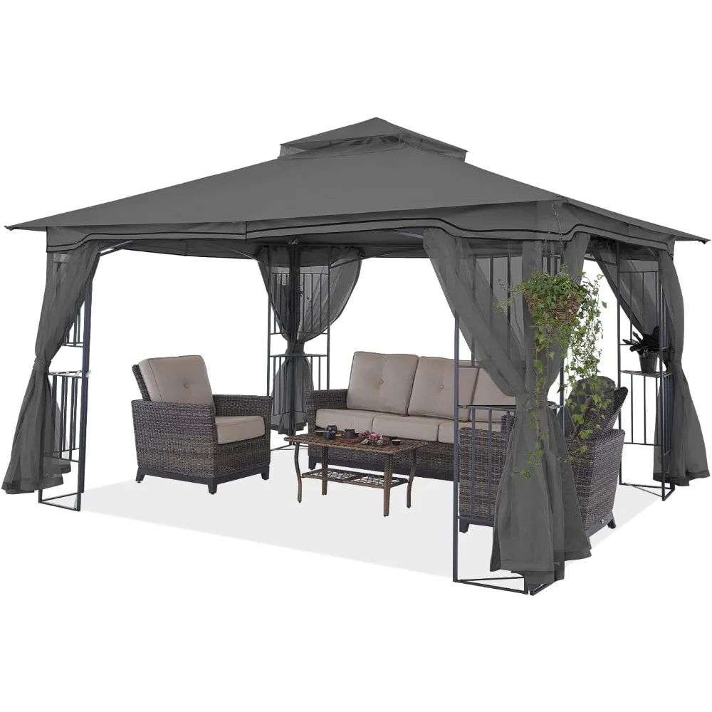 Gazebo externo para pátio com paredes de tela de rede e design de prateleira de canto (11x11)