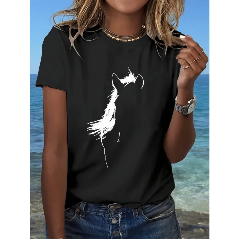 Damen Kurzarm-T-Shirt mit Pferdemotiv, gewaschen, mit Tiermustern für Frühling, Sommer, Herbst, Winter, Damen-Freizeit-T-Shirt – Detail 2