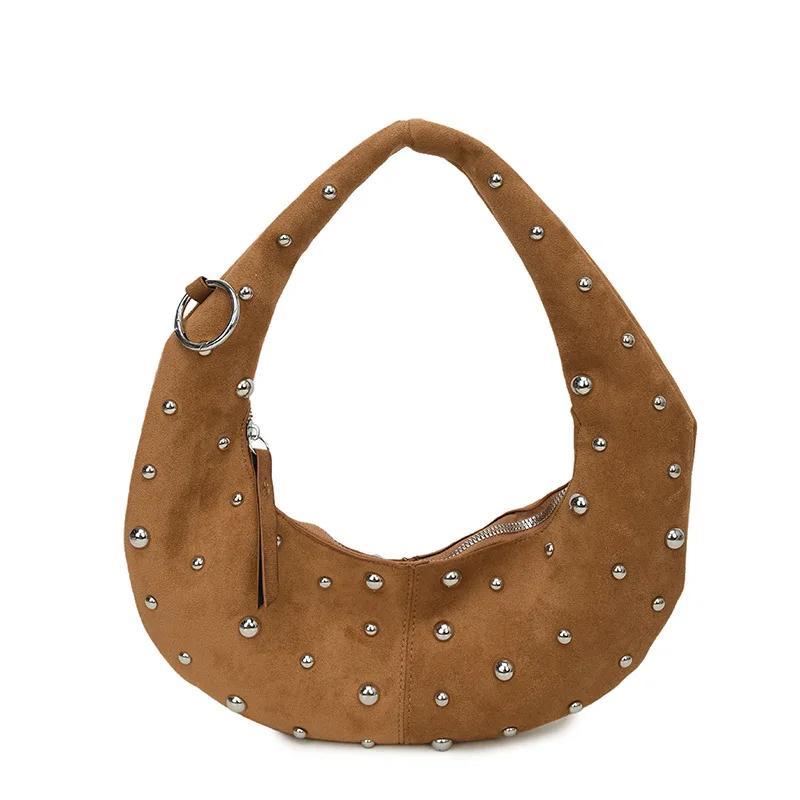 

Vintage Rivet Faux Suede Halfmoon Women Shoulder Bags Designer Punk Lady Handbags Luxury Pu Leather Underarm Bag Small Purse