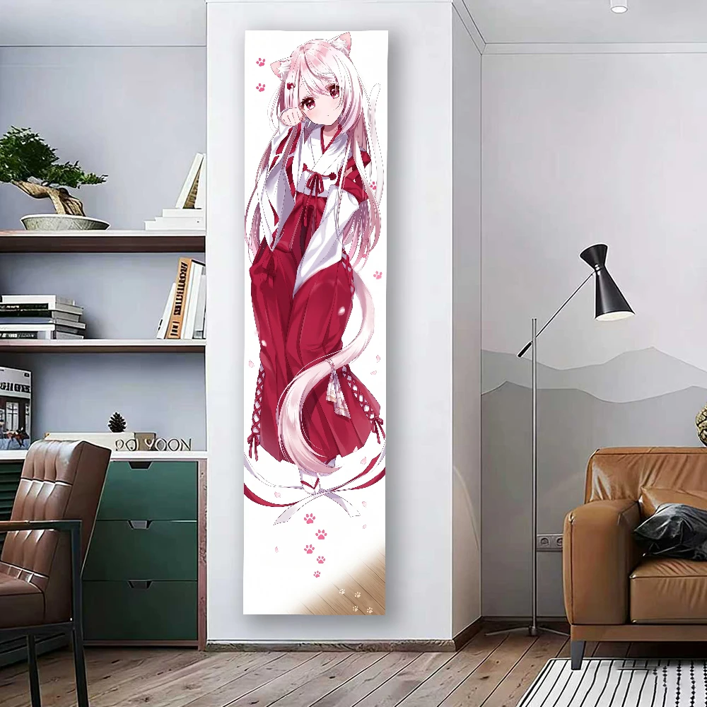 Cute Cat Ear Anime Girl Tapestry Flat Print Japanese Miko Style Wall Hanging for Kawaii Room Decor Aesthetic Bedroom Dorm