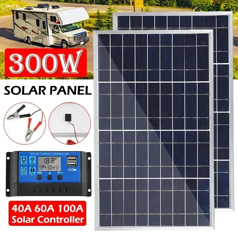 300W Solar Panel Kit Complete 12V Aluminum Frame Polycrystalline Silicon Solar Cells Panel Outdoor Rechargeable Solar Generator