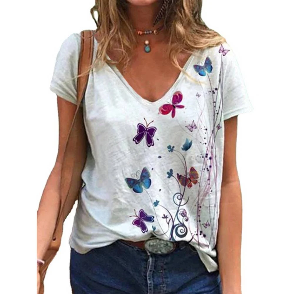 

Fashion Woman Blouses 2023 Summer Butterfly Print Short Sleeve Tops Tees Female T-shirt Oversized T Shirt For Womens Clothing