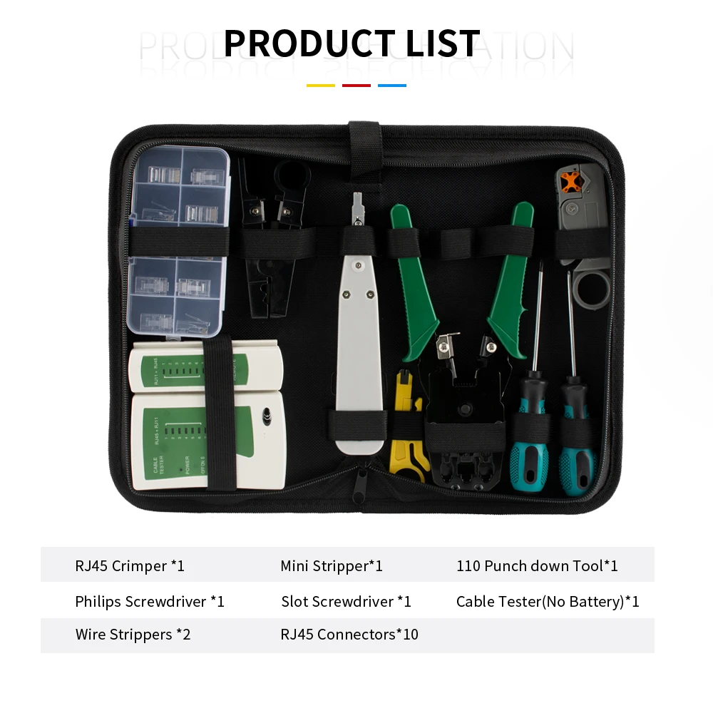 Duty RJ45 Crimping Tool Kit 8P 6P 4P Network Cable Tester Punch Down Tool Wire Strippers Screwdrivers 10pcs Cat5 Plugs Tool Bag