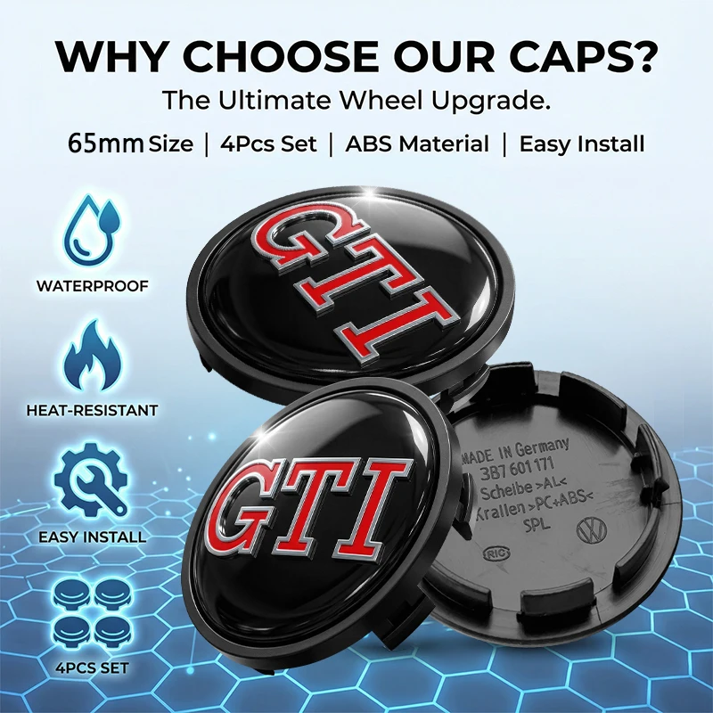 4 Peças 65mm Tampa Central de Roda Automotiva com Emblema para Volkswagen GTI Polo Passat B5 B6 B7 T4 T5 Golf 4 5 6 Tiguan Gol