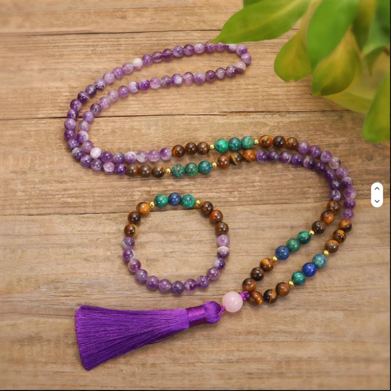 108 Beads Mala Prayer Necklace Tiger Eye Chrysocolla Amethyst Healing Calming Necklace Stone Beads Meditation Japamala Necklace