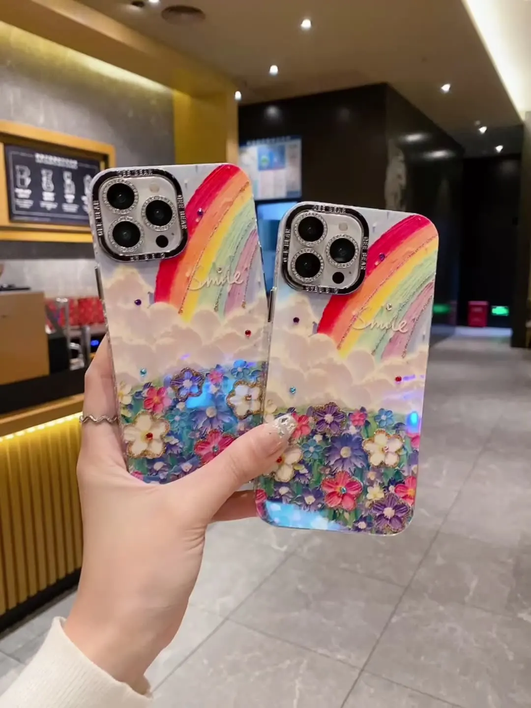 New Luxury Water Diamond Rainbow Suitable for iPhone 15 Phone Case 14plus with Lens Film 13promax 12 11 Fashion beautiful lady