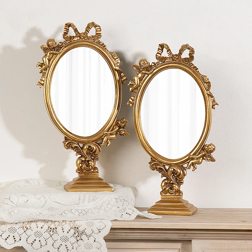 Gold Vintage Mirror Angel Cupid Relief Resin Crafts Oval Standing Tabletop Vanity Decorative Figurines Home Decoration