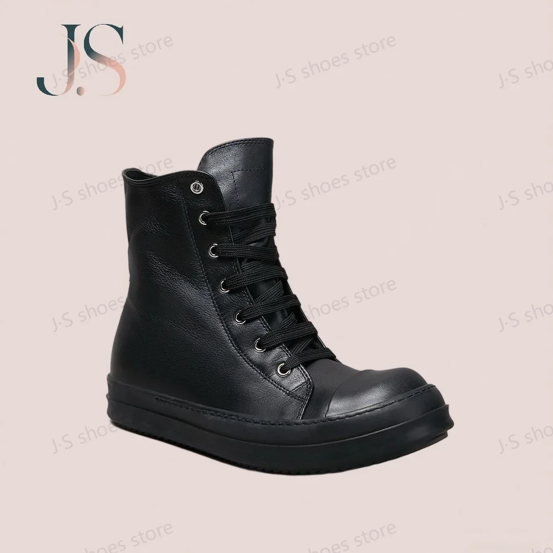 

R-o Boots Men Shoe Full Black Leather High Top Shoes Lace Up Women Casual Sneaker Zipper Design Cowhide Ankle Boot Sneakers