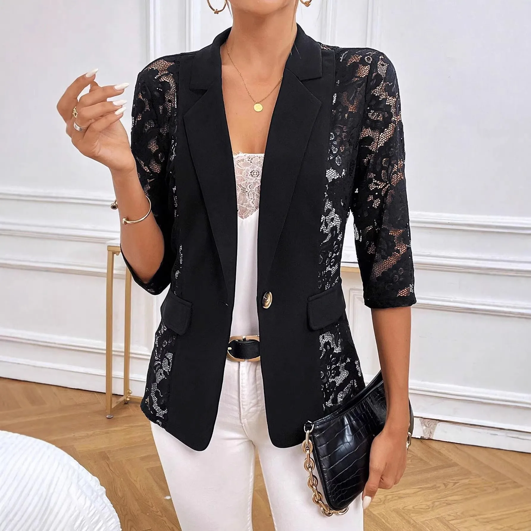 Woven Mid Length Top Regular Fit Commuter Chic with Notched Lapel Single Button Closure Three Quarter Sleeve Autumn Women Suit