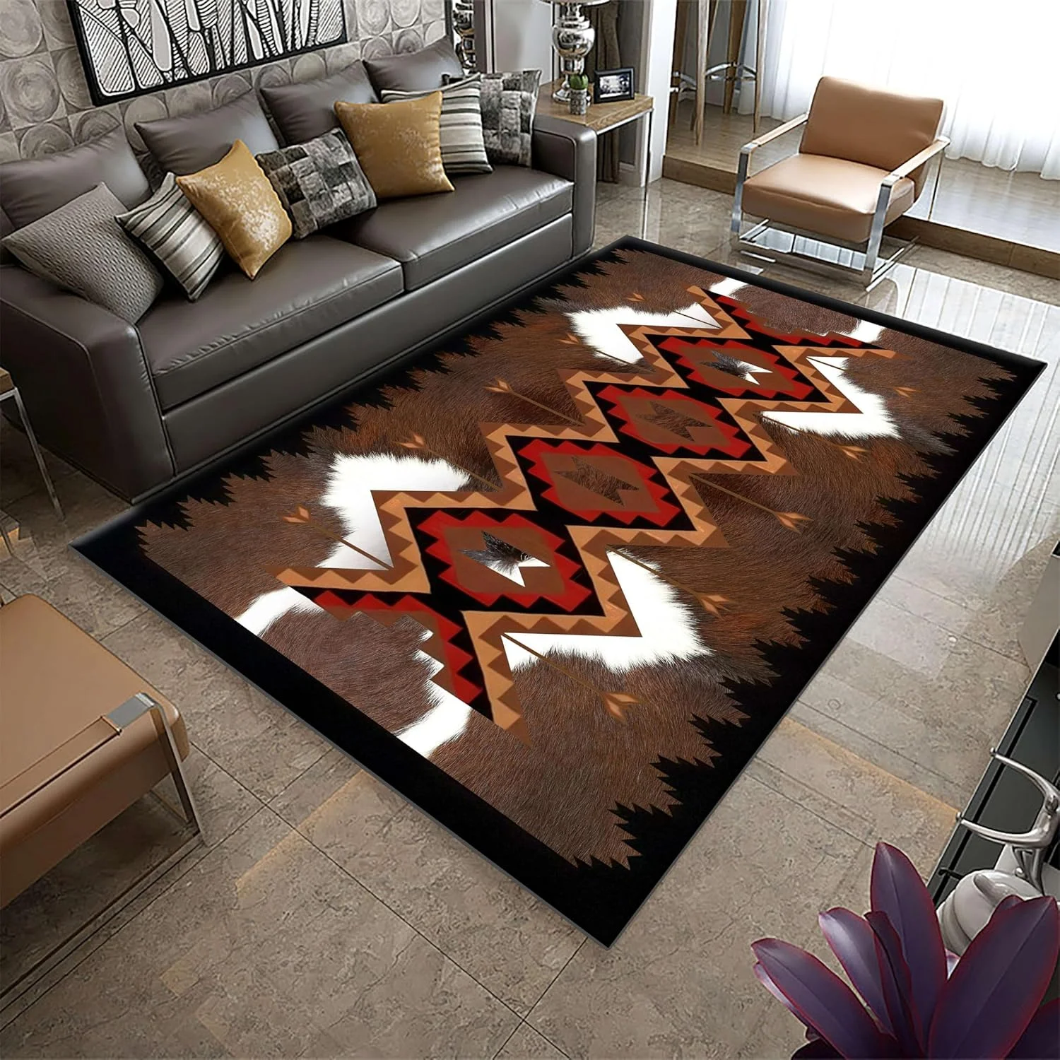 Navajo Style Brown Feather Arrow Area Rug Boho Printed Carpet for Sofa Zone Cultural Theme Floor Mat Decor