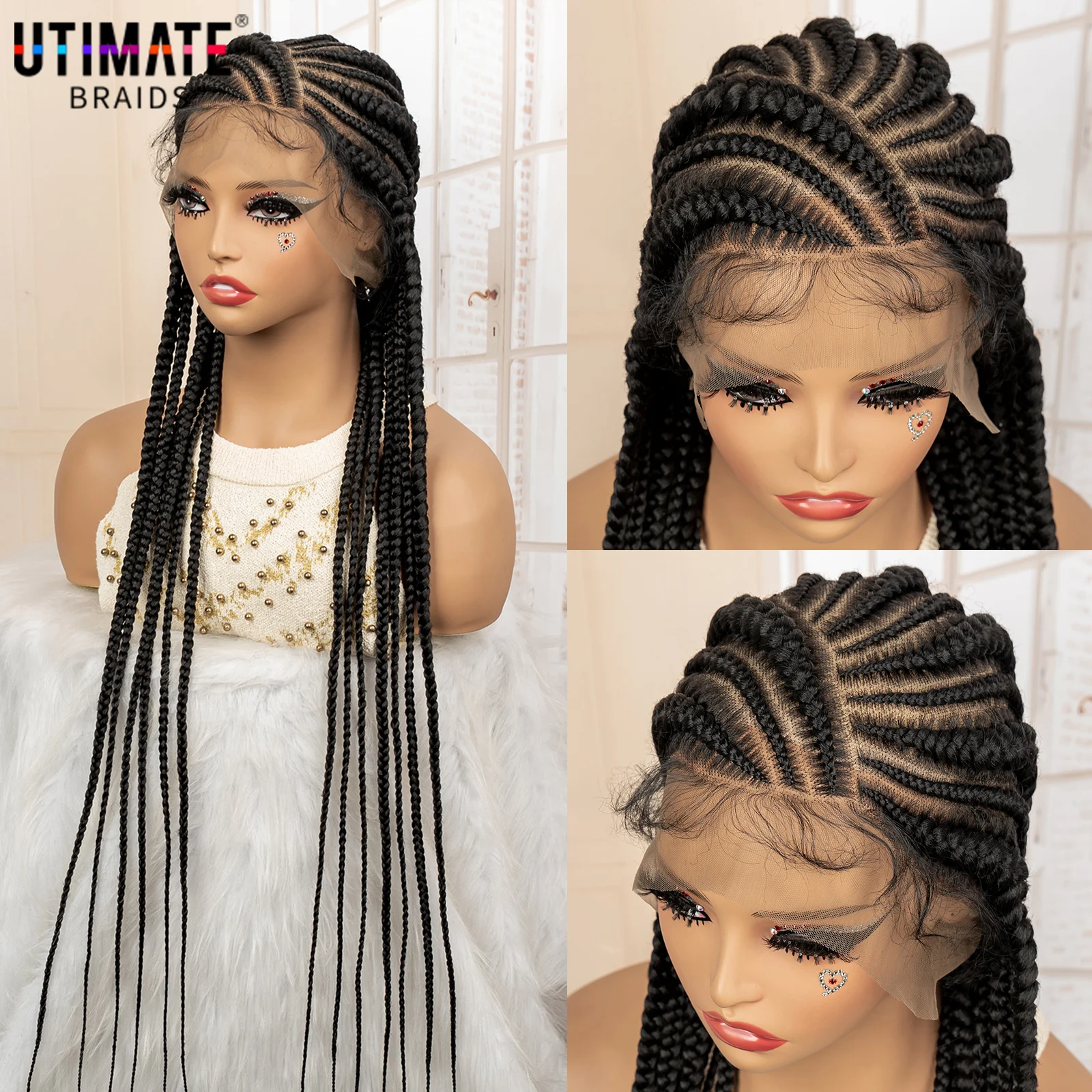 Synthetic Full Lace Cornrow Box Braided Wig 34 Inches Lace Frontal Crochet Goddess Braids Wig for African Black Women