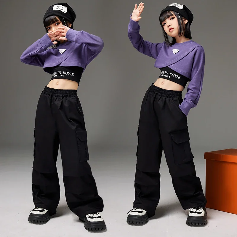 Mädchen Streetwear Outfits Kinder Hip Hop Lila Crop Tops Cargo Hosen Kleidung Sets Kinder Nette Street Dance Jazz Bühne Kostüme