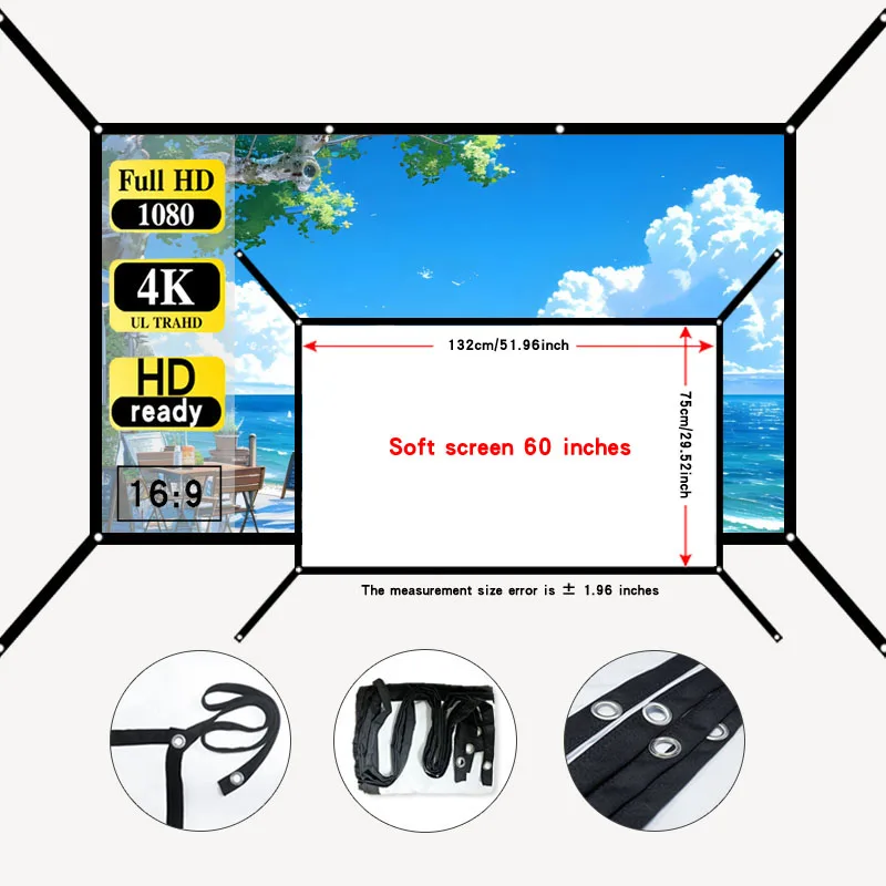60-150 inch extension, stylish and foldable for outdoor use, suitable for office, home, cinema, and projection screens