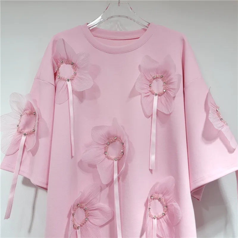 Round Neck Mid-length T-shirt Dress 2024 Summer New Style Fashionable Three-dimensional Flower Beading Loose Large Size Top