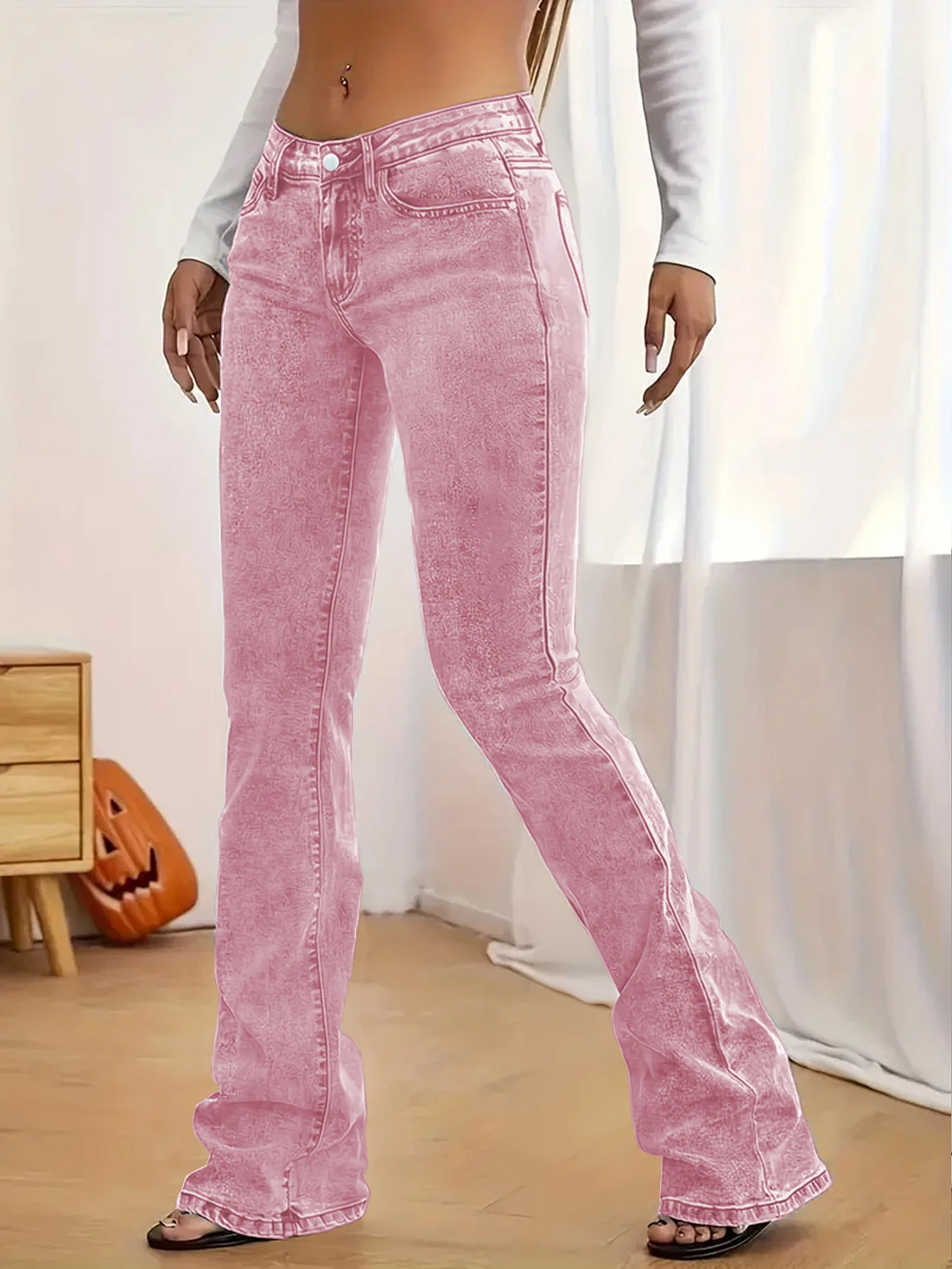 TOP Y2K-Women's stretch jeans pink wash, low waist slim fit fashionable sweet flared jeans, fashionable sexy jeans.