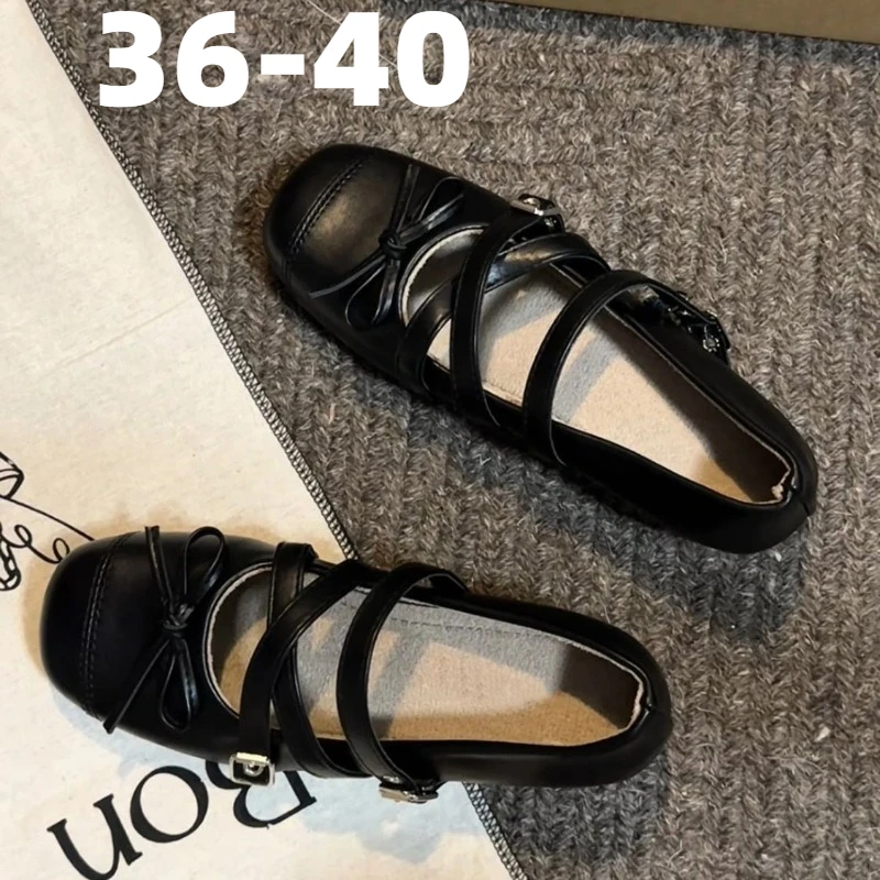 Women Mary Jane Flat Shoes Black Bow Design Cross Strap Comfortable Luxury Designer Women Shoes Vintage Style School Footwear