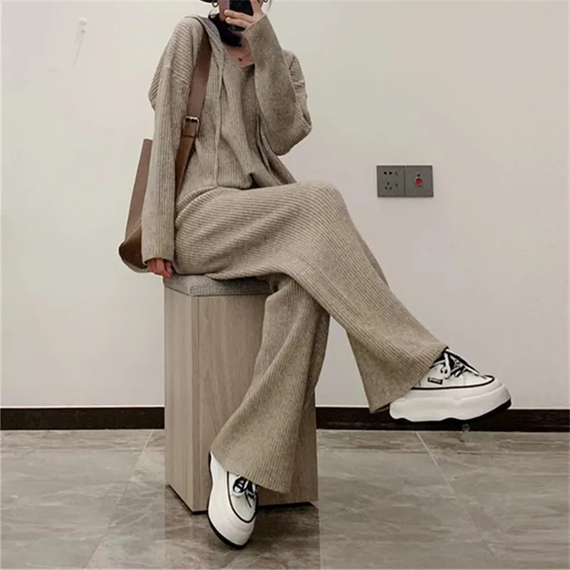 

Autumn Winter Two Piece Sets Elegant Loose Casual Sweater Wide Leg Pant Sets Knitted Suit New Streetwear Sets Women's Clothing