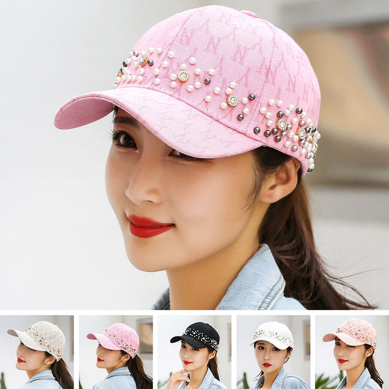 

New Fashion Women Pearls Baseball Cap Female Outdoor Sports Sun Visor Snapback Trend Hip Hop Dance Teenage Dad Hat Gorras H193