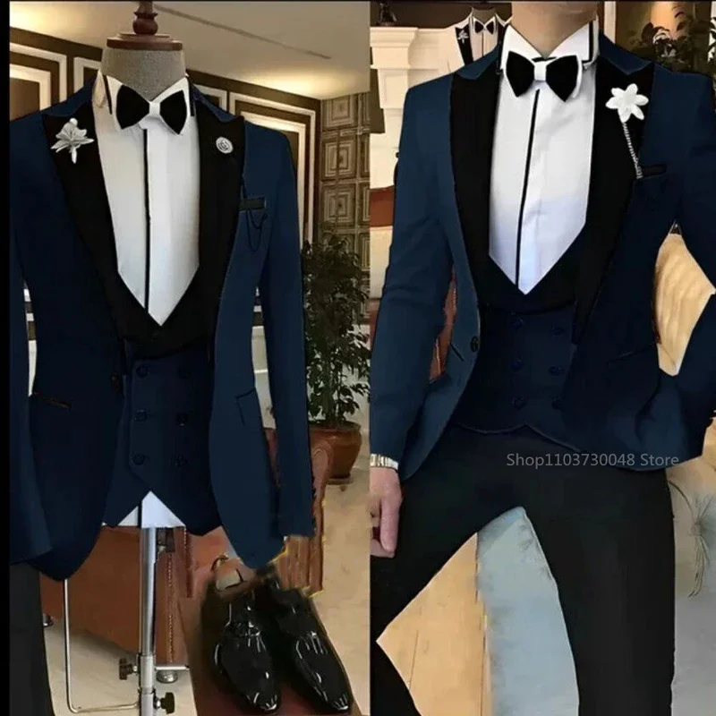 3 Pieces Solid Men\'s Suit One Button Peak Lapel Jacket Vest Trousers Dinner Wedding Groom Tuxedos Slim Fit Formal Business Suits