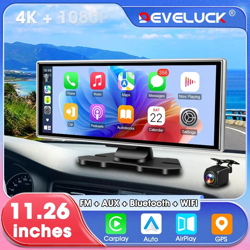 Develuck 11.26 inch Dash Cam 4K Car DVR Wireless Carplay & Android Auto GPS Navigation Rearview Cameera Video Recorder Dashboard