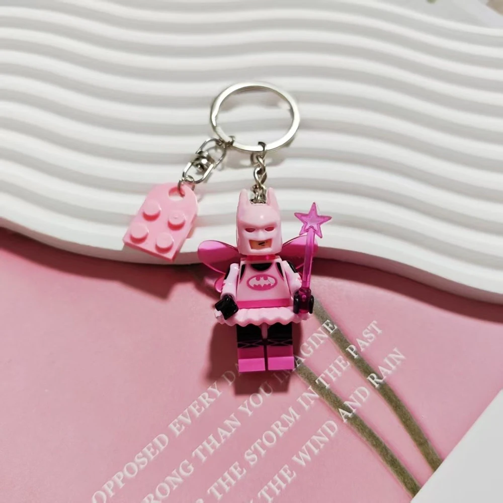 Batman Fairy Lego Keychain Set, Cute Couple Matching Keyrings with Pink Heart, Gift for Fans and Friends
