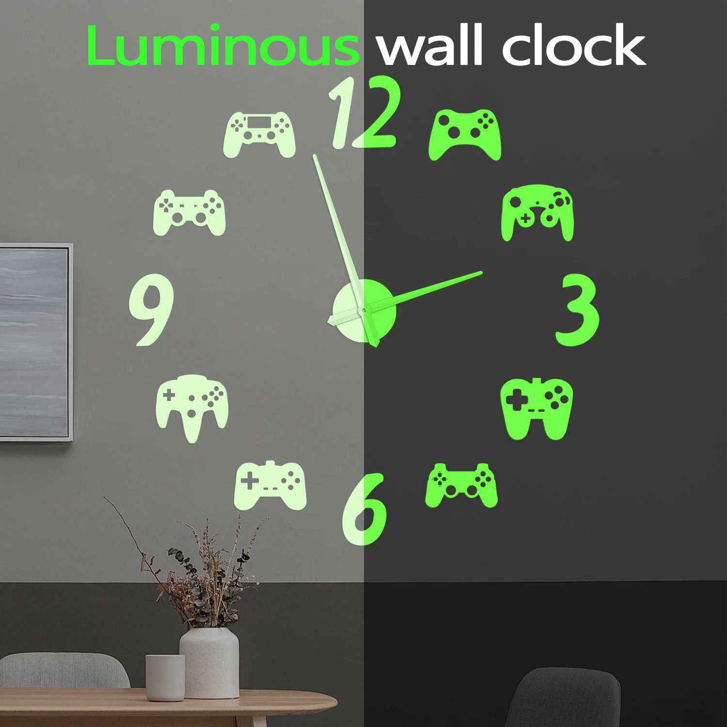 Game Controller DIY Big Wall Clock Glow in Dark For Man Cave Game Room Self Adhesive Stickers Night Visible Luminous Wall Clock
