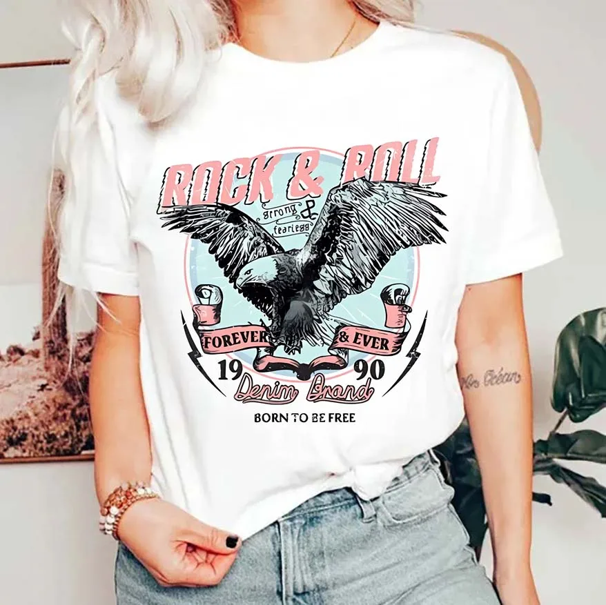 Rock Roll Beach T-Shirts for Women Oversized Short Sleeve Vintage Surf Graphic Tees Palm Tree Summer Vacation T Shirt Tops