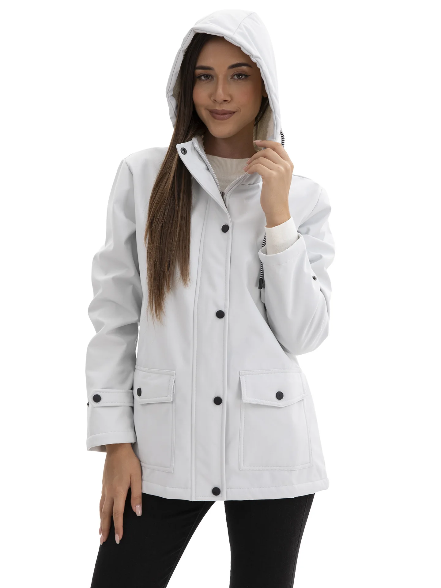

2025 New women's spring and autumn casual hooded windbreaker with fleece and water-repellent coat, long-sleeved