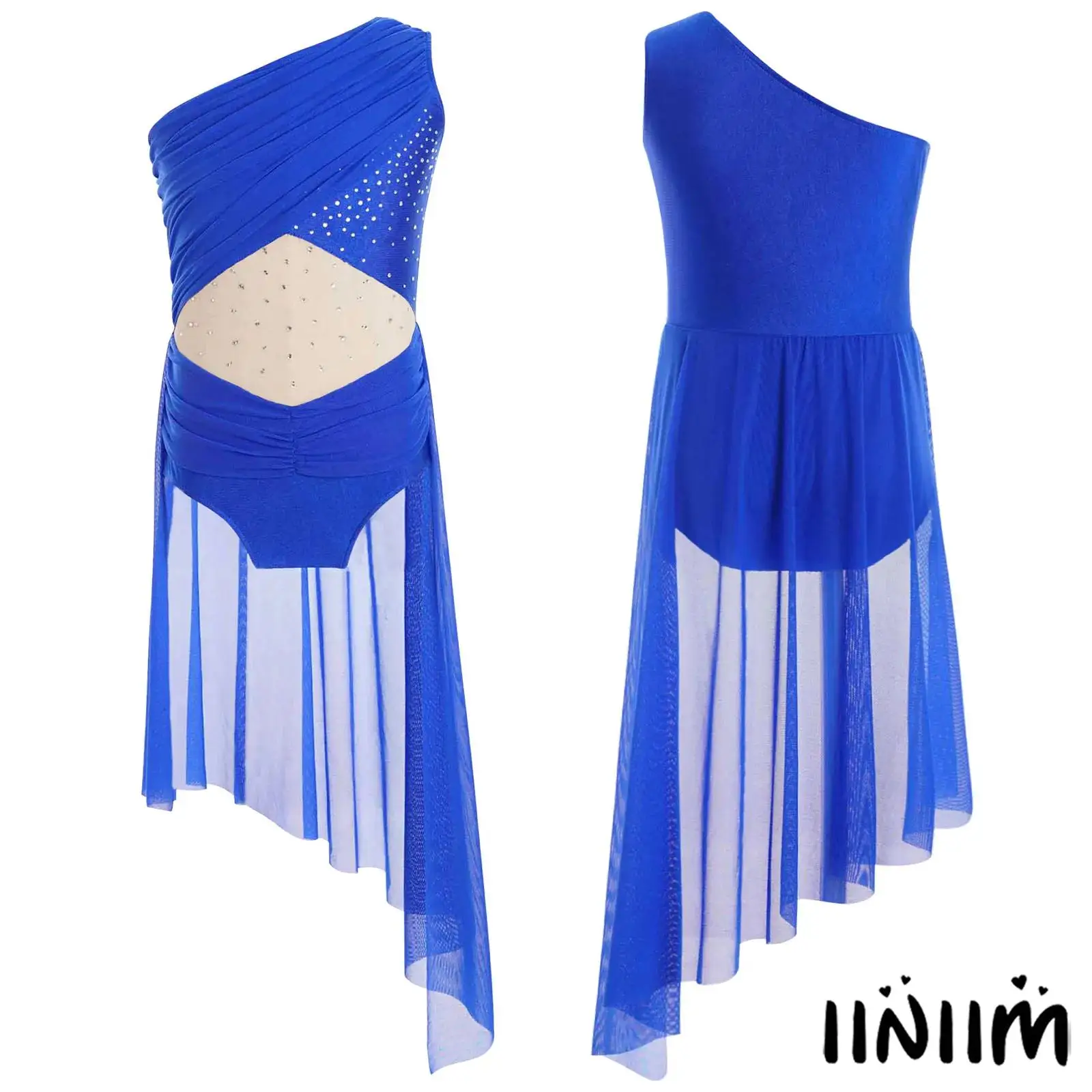 

Kids Girls Lyrical Dance Leotard One Shoulder Sleeveless Sheer Mesh Patchwork Shiny Rhinestones Stage Performance Costume