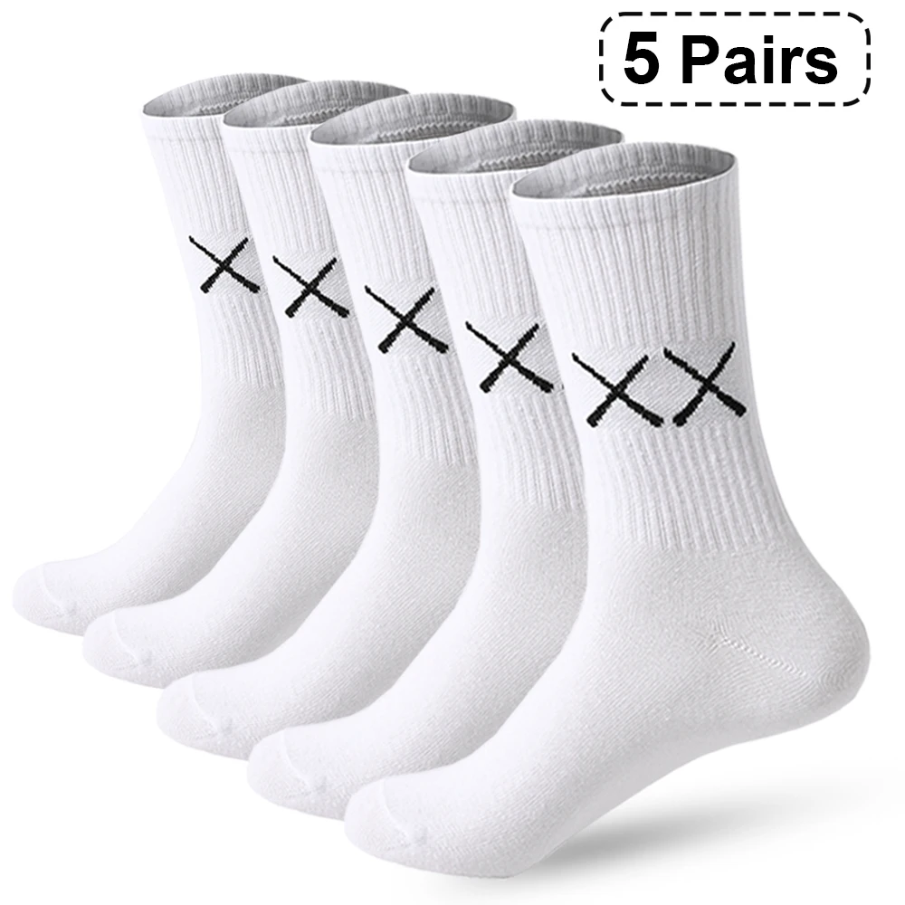 5 Pairs Socks for Men  Black And White Breathable Anti-odor Cotton Casual Middle Socks Running Gym Sports Socks Long socks