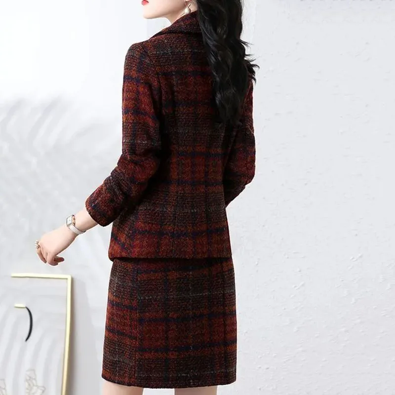 Winter Women Plaid Blazer Skirt 2 Piece Sets Thick Top Coats Suit Elegant Work Mini Jupes Outfits Plus Size 4xl Unlined Conjunto