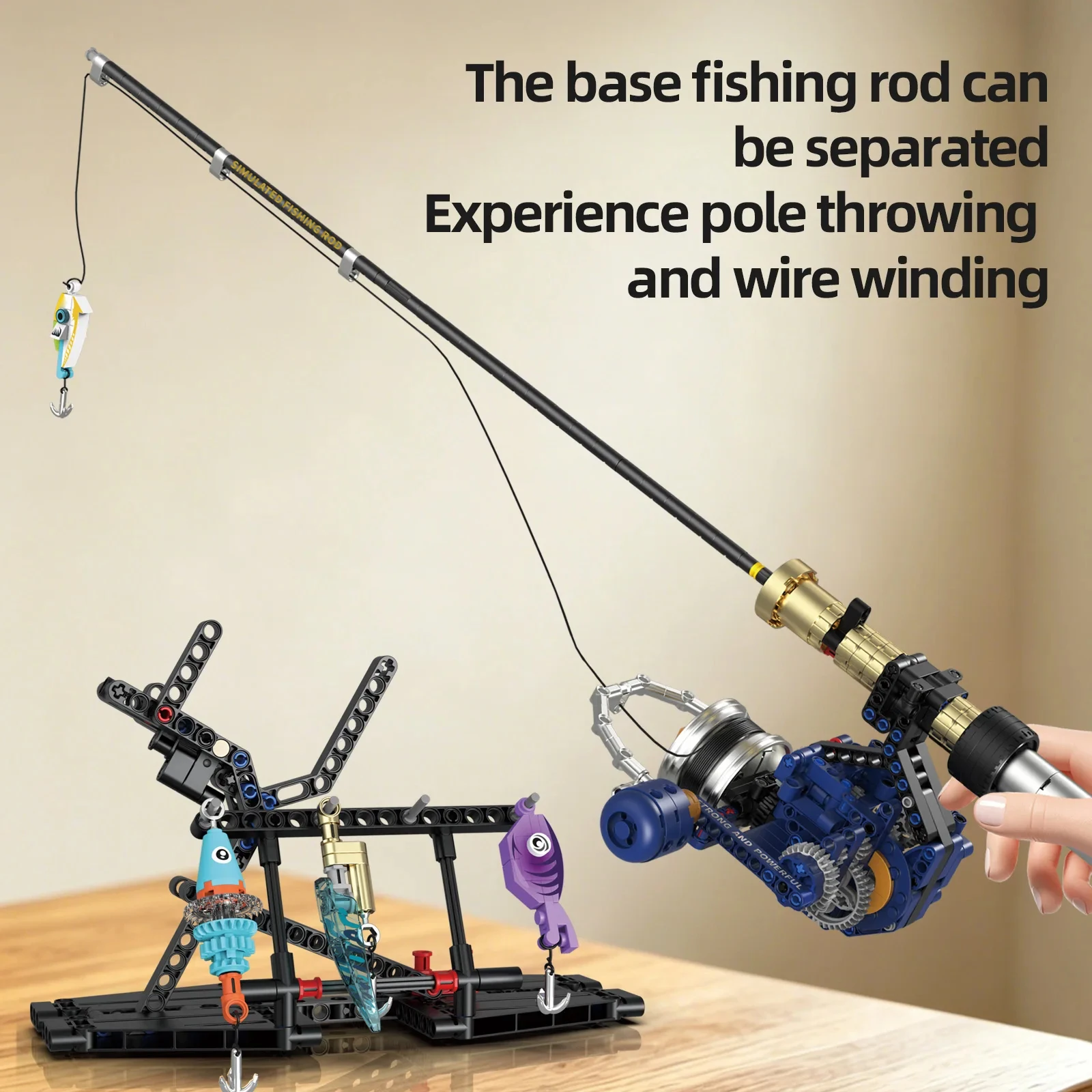 Fishing Rod Building Blocks Simulated Waterdrop Wheel Rod Sea Fishing with Reel Set DIY Kit Creative Construction Adult Gift