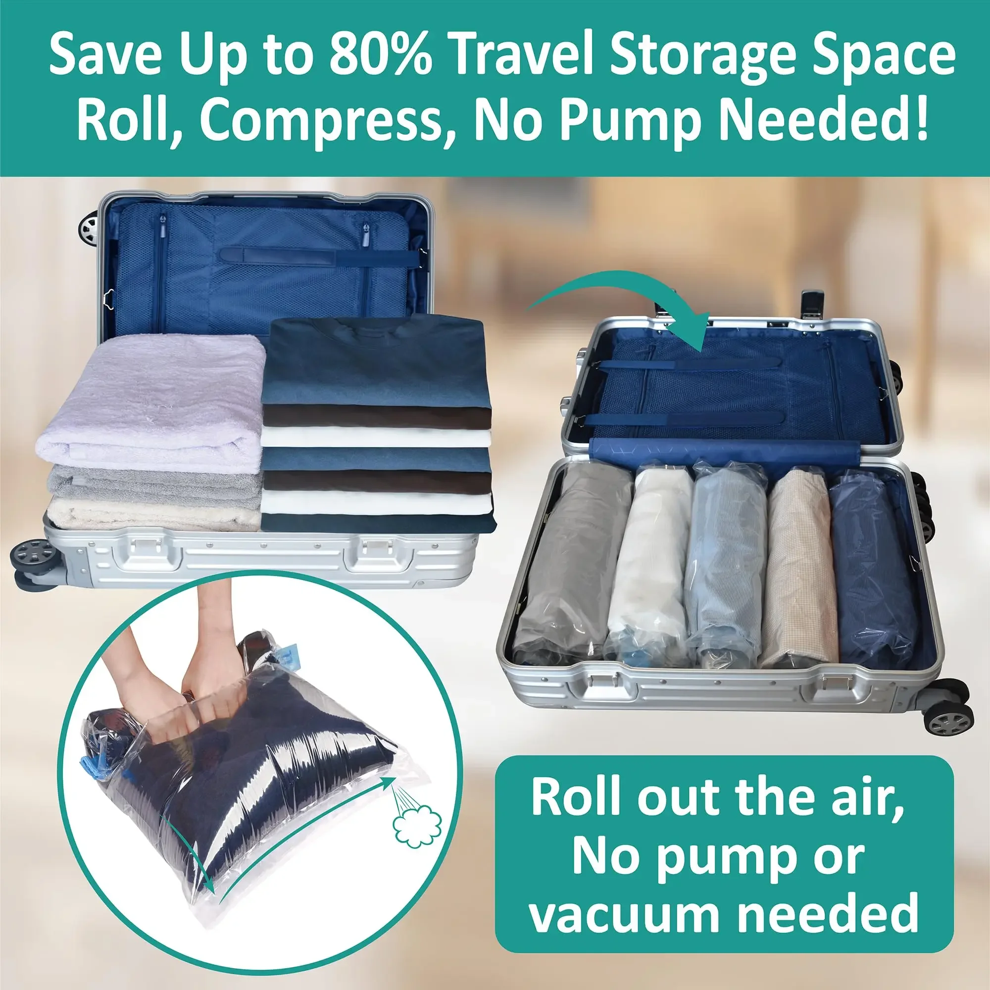 Multiple Sizes Vacuum Storage Bags Hand Roll Durable Space Saver Bags For Clothes Clothing Travel Accessories Suitcase Organizer