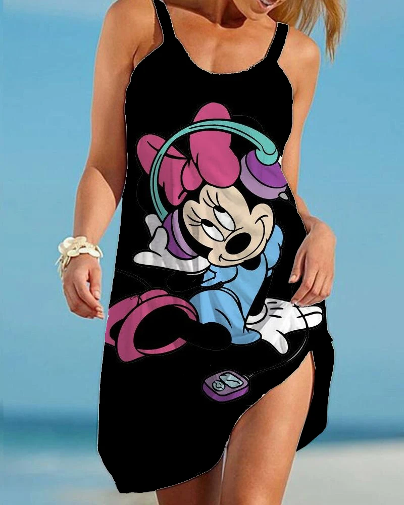 Vestido bohemio con estampado de dibujos animados de Minnie de Disney para mujer, vestidos sin mangas con cuello en V a la moda, vestido de playa suelto con dobladillo de verano, vestido elegante