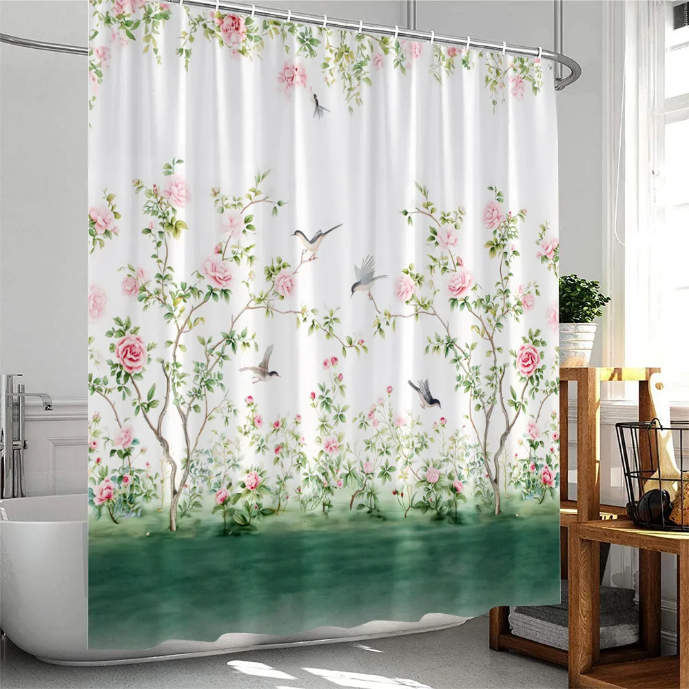 Floral Plants Shower Curtain Flowers Bamboo Butterfly Green Vines Botanical Herb Modern Bathroom Decor Polyester Bathtub Curtain