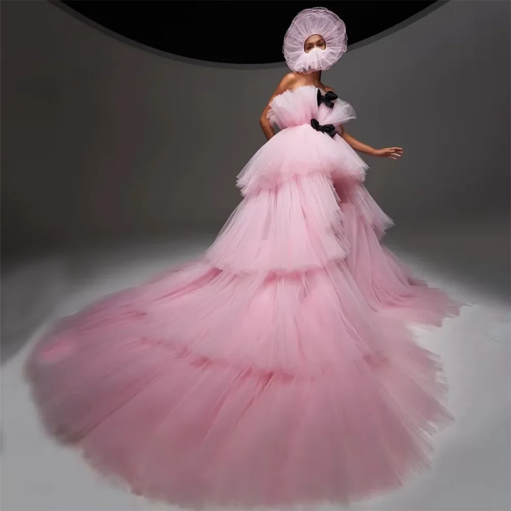 Pink Strapless High/Low Gowns Fashion Fluffy Prom Dress Tiered Pleat Ruched Court Train Photography Evening Birthday Party Dress